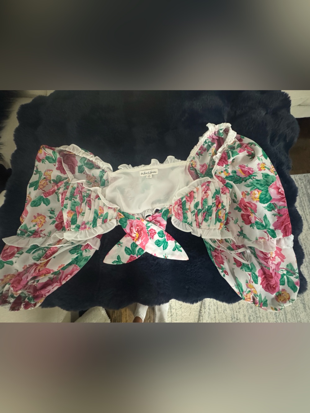 Floral Ruffle Tie-Front Top - White with Pink & Green Flowers